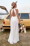 Robe de mariée en dentelle ivoire en mousseline de soie Halter Boho avec fente