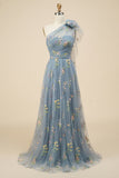 A-Line Gris Bleu Long Bal Robe avec Broderie