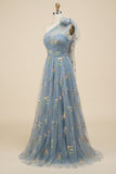 A-Line Gris Bleu Long Bal Robe avec Broderie