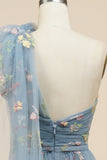 A-Line Gris Bleu Long Bal Robe avec Broderie