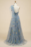 A-Line Gris Bleu Long Bal Robe avec Broderie