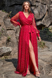 Robes de demoiselle d'honneur perlées à manches longues rouge foncé