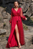 Robes de demoiselle d'honneur perlées à manches longues rouge foncé