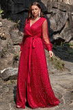 Robes de demoiselle d'honneur perlées à manches longues rouge foncé