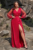 Robes de demoiselle d'honneur perlées à manches longues rouge foncé