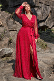 Robes de demoiselle d'honneur perlées à manches longues rouge foncé