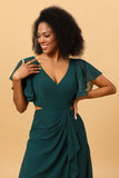 Robe de demoiselle d’honneur verte en mousseline de soie creuse avec manches à volants
