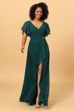 Robe de demoiselle d’honneur verte en mousseline de soie creuse avec manches à volants