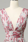 Robe de demoiselle d’honneur longue florale grise et rose