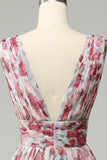 Robe de demoiselle d’honneur longue florale grise et rose