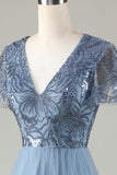 A-Line Robe de demoiselle d’honneur bleu poussiéreux avec perles