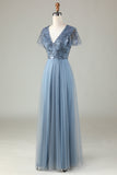 A-Line Robe de demoiselle d’honneur bleu poussiéreux avec perles