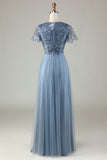 A-Line Robe de demoiselle d’honneur bleu poussiéreux avec perles