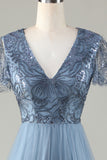 A-Line Robe de demoiselle d’honneur bleu poussiéreux avec perles