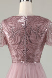 A-Line Robe de demoiselle d’honneur bleu poussiéreux avec perles