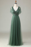 Tulle A-Line Beaded Eucalyptus Robe de demoiselle d’honneur avec paillettes