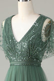 Tulle A-Line Beaded Eucalyptus Robe de demoiselle d’honneur avec paillettes