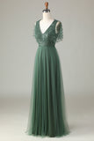 Tulle A-Line Beaded Eucalyptus Robe de demoiselle d’honneur avec paillettes