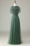 Tulle A-Line Beaded Eucalyptus Robe de demoiselle d’honneur avec paillettes