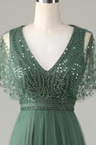 Tulle A-Line Beaded Eucalyptus Robe de demoiselle d’honneur avec paillettes