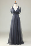 Tulle A-Line Beaded Eucalyptus Robe de demoiselle d’honneur avec paillettes