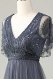 Tulle A-Line Beaded Eucalyptus Robe de demoiselle d’honneur avec paillettes
