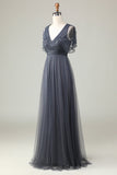 Tulle A-Line Beaded Eucalyptus Robe de demoiselle d’honneur avec paillettes