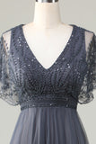 Tulle A-Line Beaded Eucalyptus Robe de demoiselle d’honneur avec paillettes