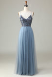 Spaghetti perlés Straps Robe de demoiselle d’honneur bleu poussiéreux