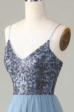 Spaghetti perlés Straps Robe de demoiselle d’honneur bleu poussiéreux