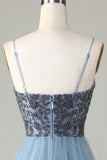 Spaghetti perlés Straps Robe de demoiselle d’honneur bleu poussiéreux