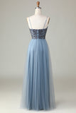 Spaghetti perlés Straps Robe de demoiselle d’honneur bleu poussiéreux