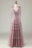 Tulle V-Neck Robe de demoiselle d’honneur rose poussiéreuse avec perles