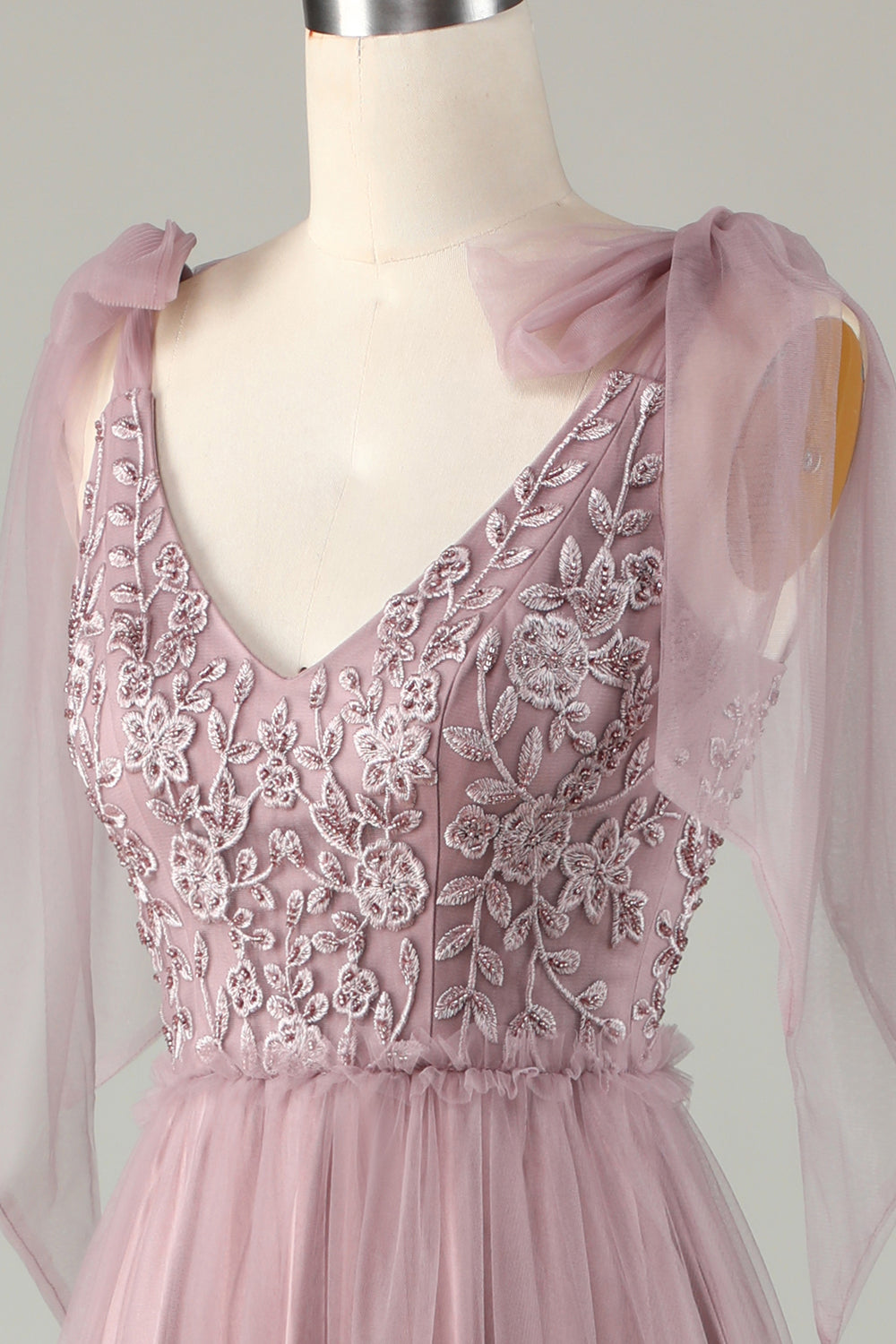 Tulle V-Neck Robe de demoiselle d’honneur rose poussiéreuse avec perles