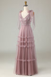 Tulle V-Neck Robe de demoiselle d’honneur rose poussiéreuse avec perles