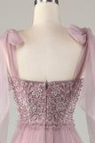 Tulle V-Neck Robe de demoiselle d’honneur rose poussiéreuse avec perles