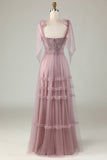 Tulle V-Neck Robe de demoiselle d’honneur rose poussiéreuse avec perles