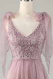 Tulle V-Neck Robe de demoiselle d’honneur rose poussiéreuse avec perles