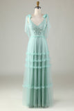 Tulle V-Neck Robe de demoiselle d’honneur rose poussiéreuse avec perles