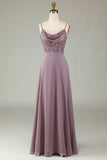 Robe de demoiselle d'honneur rose poudré à bretelles spaghetti