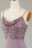 Robe de demoiselle d'honneur rose poudré à bretelles spaghetti