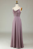 Robe de demoiselle d'honneur rose poudré à bretelles spaghetti