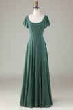 A-Line Eucalyptus Robe de demoiselle d’honneur longue avec volants