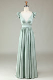 Robe de demoiselle d’honneur longue à col en V profond Matcha avec volants