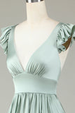 Robe de demoiselle d’honneur longue à col en V profond Matcha avec volants