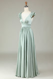 Robe de demoiselle d’honneur longue à col en V profond Matcha avec volants
