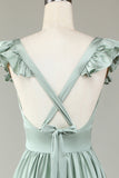 Robe de demoiselle d’honneur longue à col en V profond Matcha avec volants