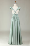 Robe de demoiselle d’honneur longue à col en V profond Matcha avec volants
