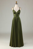 A-Line Robe de demoiselle d’honneur longue olive sans manches