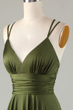 A-Line Robe de demoiselle d’honneur longue olive sans manches